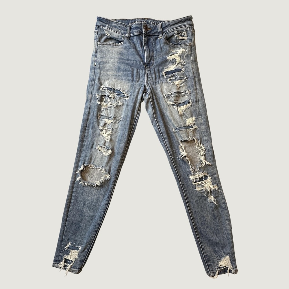 American Eagle Jeans Womens 8S Blue Hi-Rise Jegging Distressed Ripped Stretch